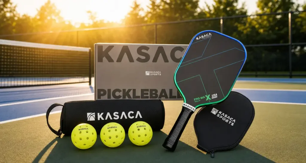 Kasaca Pro Max 16mm pickleball paddle starter set with outdoor balls and cover bag on court at sunset.