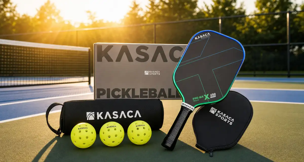 Kasaca Pro Max 16mm pickleball paddle starter set with outdoor balls and cover bag on court at sunset.