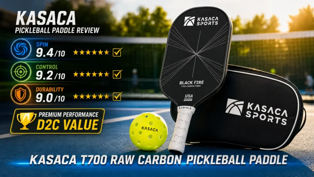 Kasaca Black Fire T700 pickleball paddle review cover with test scores for spin, control, durability, and cover case.