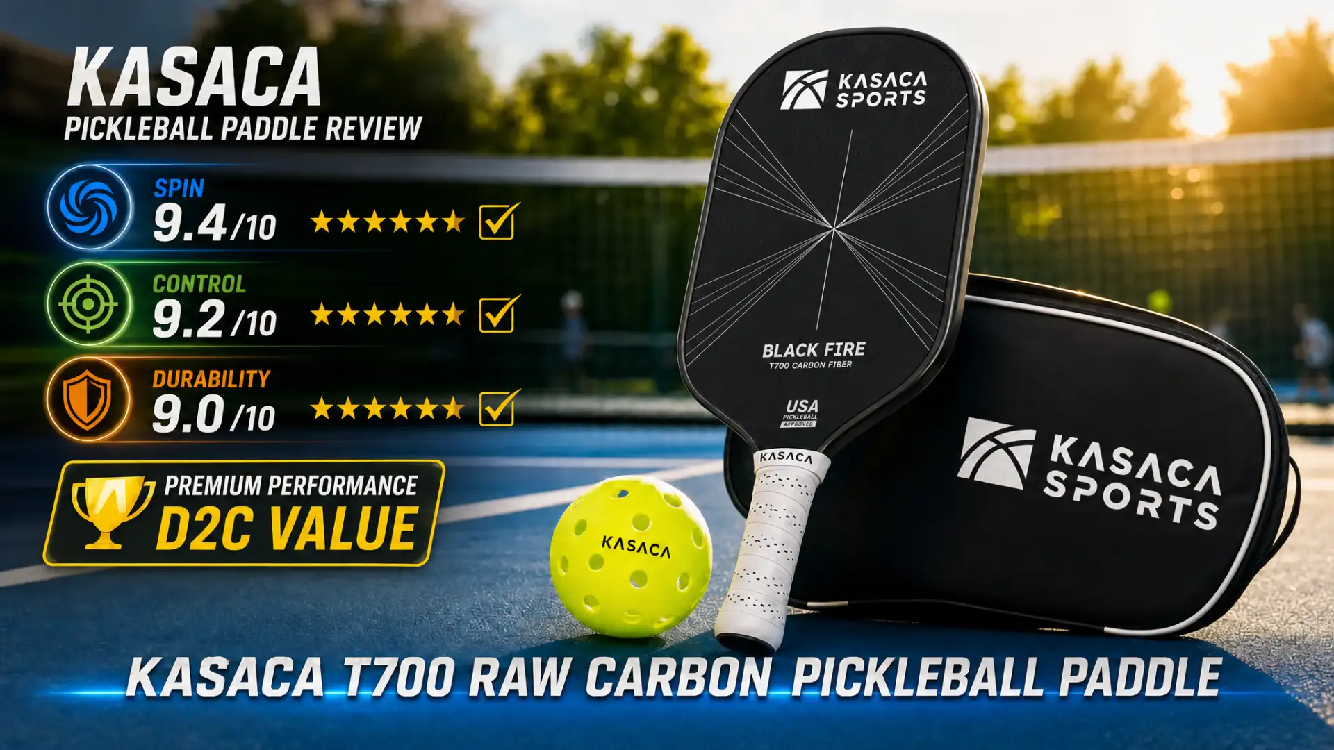 Kasaca Black Fire T700 pickleball paddle review cover with test scores for spin, control, durability, and cover case.